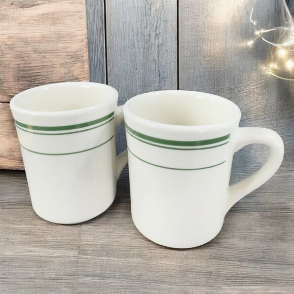 TUXTON 9oz Ceramic Restaurant Grade Diner Coffee Cup Mug Green Stripes Set 3 VTG - Picture 2 of 16